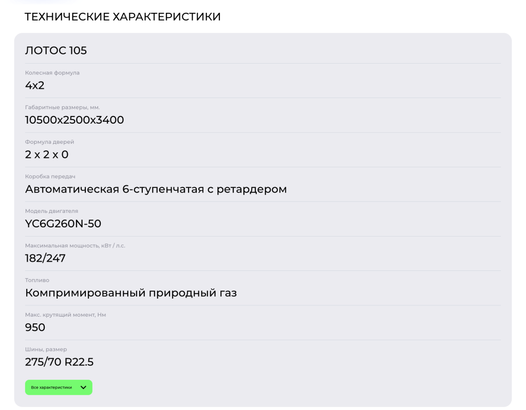 Технические характеристика транспорта